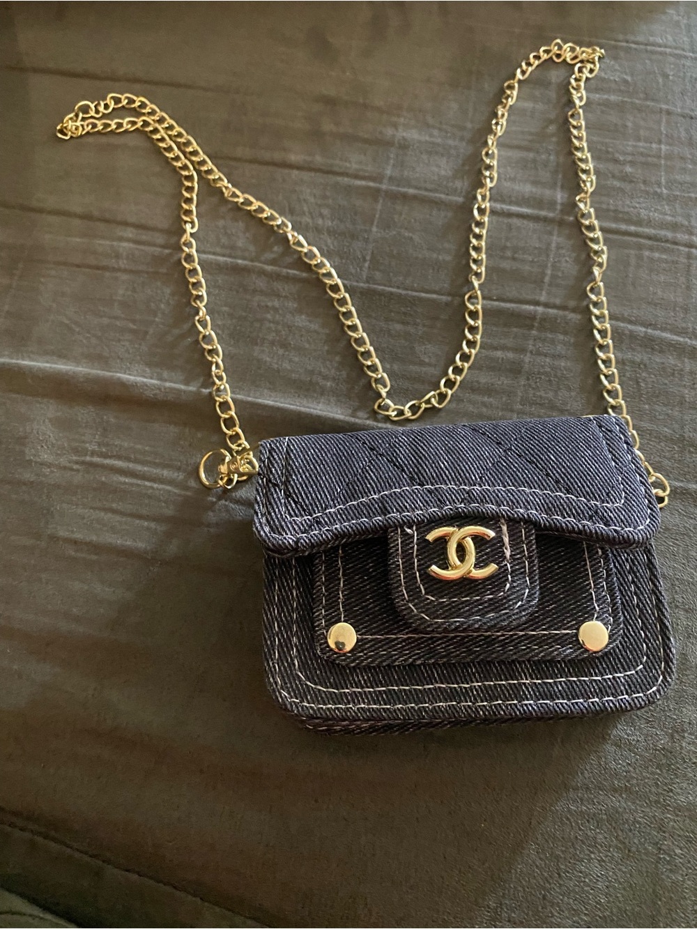 Navy Denim Mini Shoulder Bag with Gold Hardware